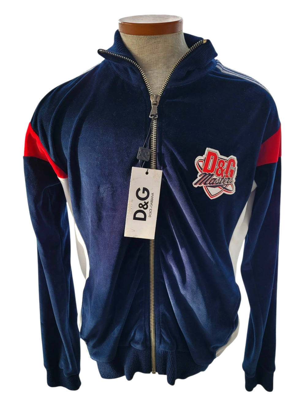 New with Tags Dolce & Gabbana Royal Blue Red & White Zip Up Jersey Jacket Sz M